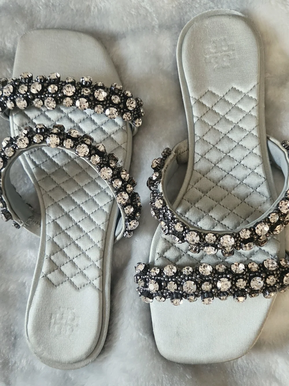 Tory Burch Logan Embellished Slide Sandals Gray